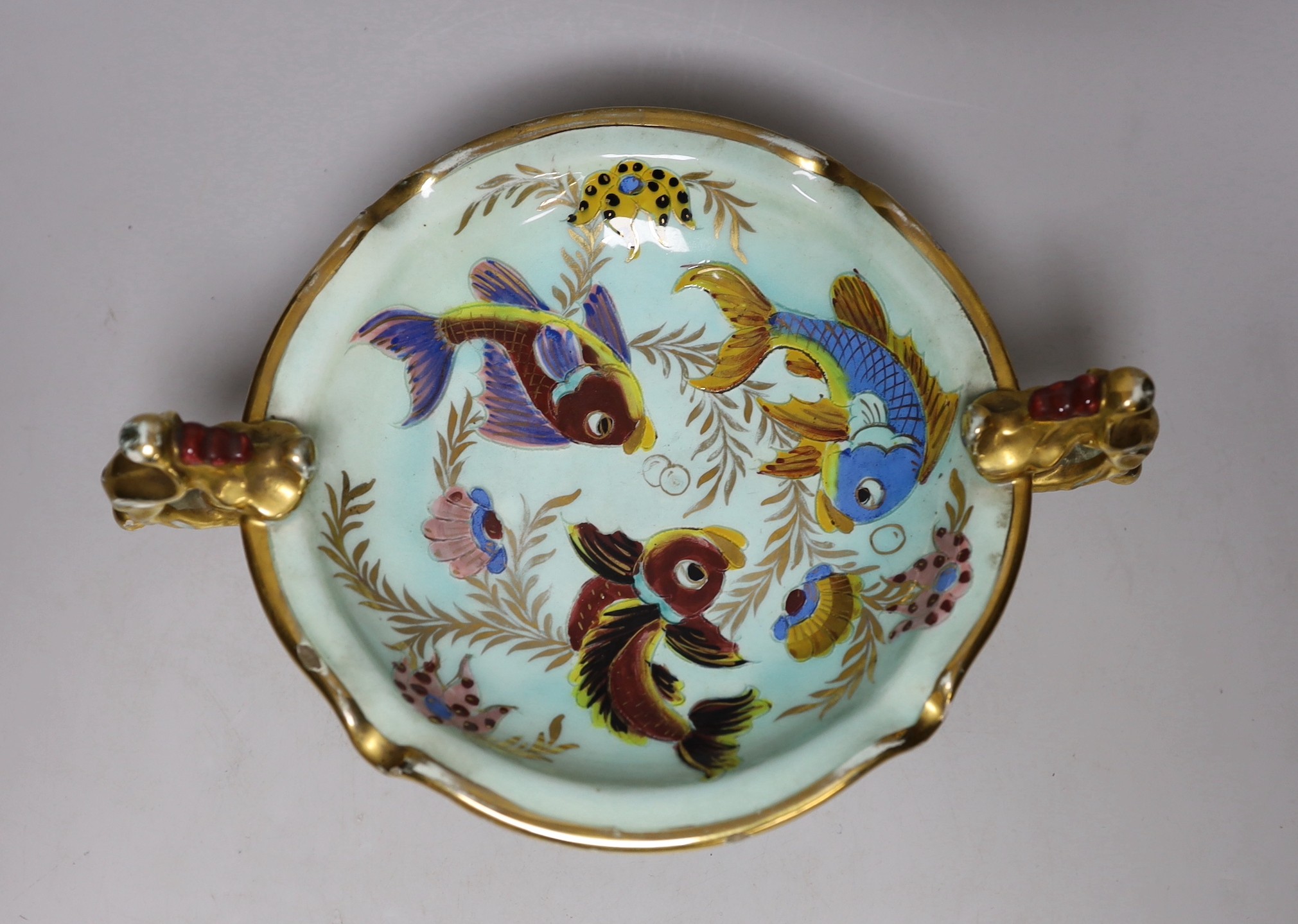 A French tazza with two handles, vibrant colours 30cm wide